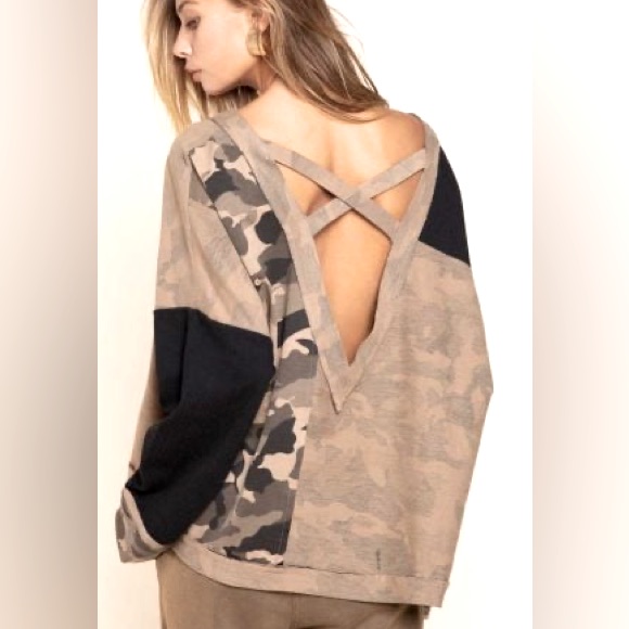 Pol Top Pol Sweatshirt Taupe Camo Long Sleeve Top With Black Panels Cross Cross